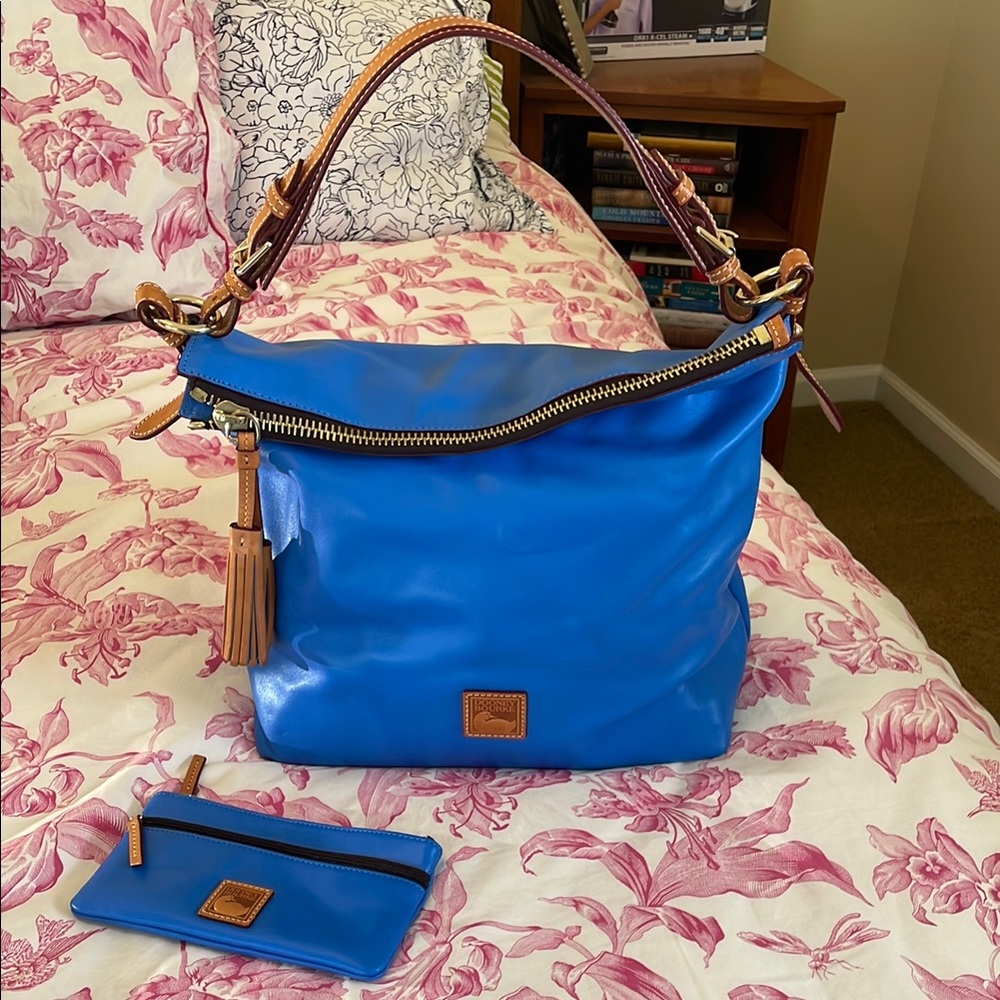 Dooney & Bourke Blue Leather Shoulder Bag with Vachetta Trim
